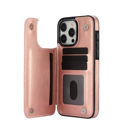 Etui til iPhone 14 Pro rosegull multifunksjon kortholder stativ