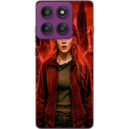 Kompatibelt Mobilskal till Motorola Motorola Edge 60 Pro Porträtt av en ung kvinna med rött hår i en apokalyptisk landskap, röda blixtar och mörk