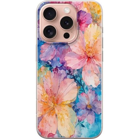 Yhteensopiva Puhelinkuori Apple Apple iPhone 16 Pro Vesivärimaalaus suurilla kukilla vaaleanpunaisissa, sinisissä ja keltaisissa sävyissä pehmeäs