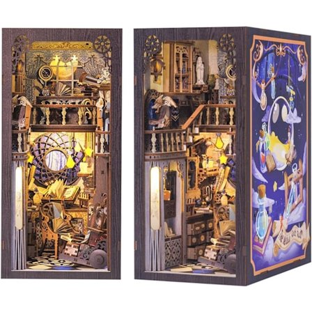 DIY Bokhjørne Kit - Miniatyr Tre Dukkehus med Møbler og LED-Lys - Nebula Fellesrom