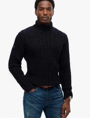 Superdry Jacob Cable Roll Neck Jumper - Navy - L