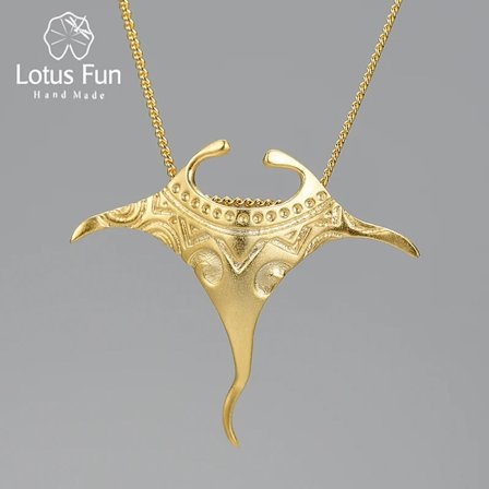 Lotus Fun Vintage Ekte 925 Sterling Sølv Manta Ray Fiskeanheng Mote 18K Gullkjeder og Halskjede for Kvinner Fine Smykker