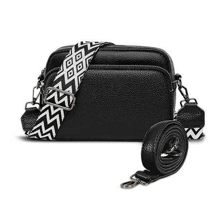 Læder Skuldertaske Dame Sort Crossbody Taske Dame Bred Rem Lille Skuldertaske Dame med 2 Brede Skulderstropper Crossbag Skuldertaske Dame