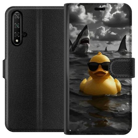 Honor 20 Tegnebogsetui En sej gul badeand med solbriller flyder roligt i havet mens hajer svømmer rundt i dramatiskt vand og mørke skyer samles oven