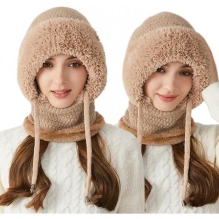 Tre-i-ett damehatt, skjerf og ansiktsskjerm - khaki hatt, omkrets 55-60 cm