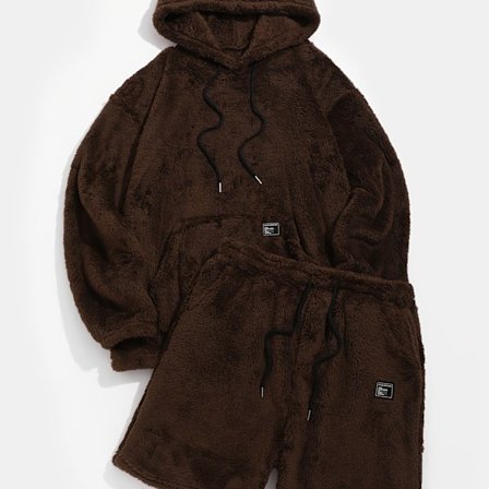 Spring Stream Herre Ensfarvet Øre Design Plys Hættetrøje Shorts Afslappet 2-delt Sæt