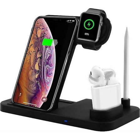 4-i-1 trådlös laddare, hopfällbar justerbar laddningsdocka för iPhone, Samsung, Apple Watch, Pencil, Airpods (svart)