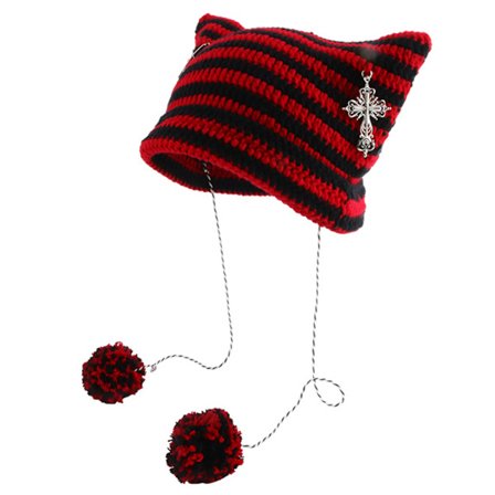 Kissa Pipo Kissa hattu Talvi Naiset Kissan Korvat Pipo Hattu Pienillä Paholaisen Sarvilla Talvi Neulottu Lämmin Raidallinen Lippis Söpö Neulottu 
