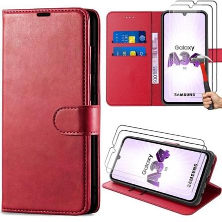 Fodral till Samsung Galaxy A34 5G med 2 härdade glasögon, lädereffekt Stötsäkert integrerat flipfodral Röd Röd