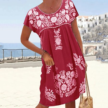 Kvinner Kortermet Summer Beach Sundress Crew Neck Midi-kjole.