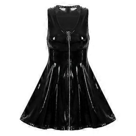 Sexet Dame Kjole Clubwear Wetlook Latex Bodycon Kostume Glossy V-hals Lynlås Wet Look Patent Læder Ærmeløs Flared Kjoler