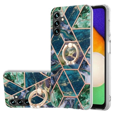 Marble Patterned Suojakuori With Ring Holder For Samsung Galaxy A14 - Sininen / Vihreä