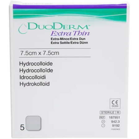 Duoderm tynn hydrokolloid bandasje 7,5x7,5 cm 5 stk