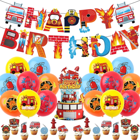 Brannbil Bursdagsfest Rekvisita Inkludert Brannmann Gratulerer Med Dagen Banner Kakepynt Cupcake Toppers Ballonger Brannbil Tema