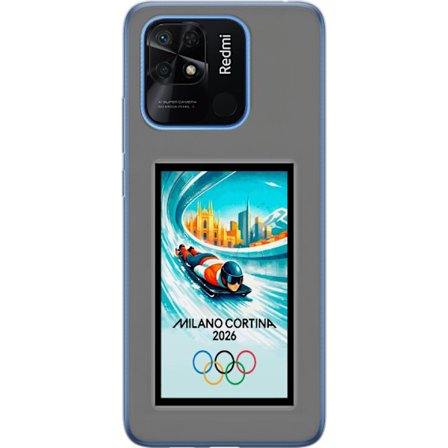 Kompatibelt Mobildeksel til Xiaomi Redmi 10C Dynamisk bobslede eller skeletonkjører i iskanal med Milano Cortina 2026, bysilhuett og olympiske ringer