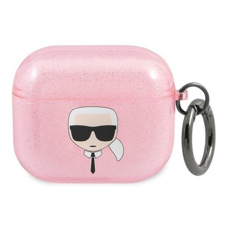 Karl Lagerfeld Glitter Karl's Head -kotelo AirPods 3:lle - vaaleanpunainen