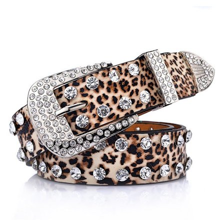 Fashion Women Leopard Rhinestone Inlaid Soft Faux Leather Belt Bu