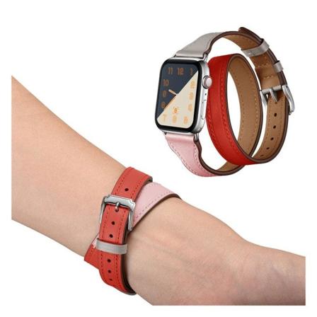 Apple Watch Series 5 44mm bi-colored circle design ægte læder Urrem - Lyserød / Rød / Hvid Multicolor