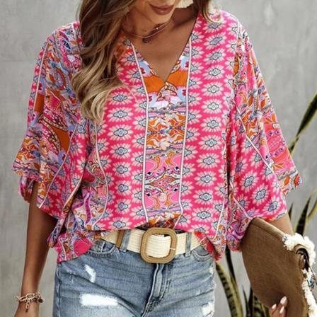 Kvinnor Fladdermus Halvärm Chiffong Toppar Print Tunika T-shirt