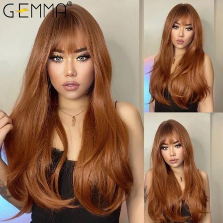 Ombre brun blond lång rak syntetisk peruk med lugg cosplay peruk för kvinnor hög temperatur naturligt falskt hår LC028-1