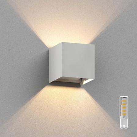 ledscom. de Vegglampe for utendørs, hvit, IP65, opp- og nedlys + LED-pære