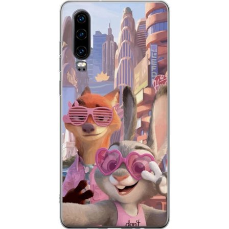 Kompatibelt Mobildeksel til Huawei Huawei P30 Animerede dyr i et solfylt bymiljø med rosa solbriller og en positiv melding i en fargerik feel-good st