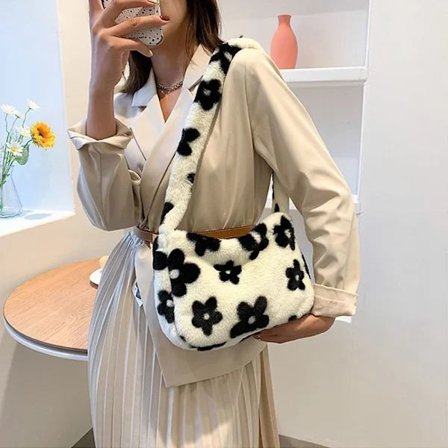 Blomstertryck Axelväskor Mjuk Plysch Handväskor