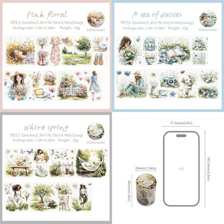 PET-klistremerker 3 ruller, vår og blomster, utklippsboktilbehør, transparente klistremerker for utklippsbøker, dagbøker, utklippsboktilbehør, 