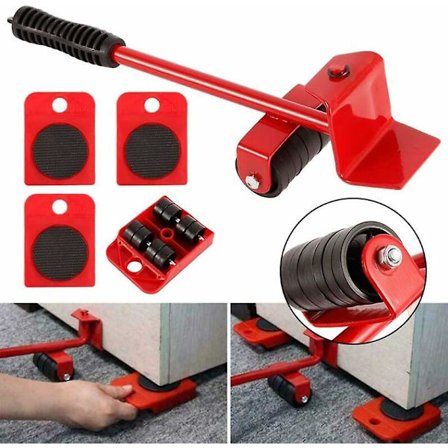 Sats för enkel flytt av tunga möbler, möbelflyttningssats, möbelspaksats och vagnsats, 1 lyftstång och 4 flytthjul, upp till 300 kg