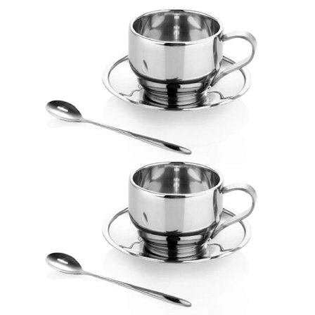 2x Rostfritt Stål Kaffekopp Set / Kaffeset / Tekopp Set / Teset, Kaffekoppar Med Fat