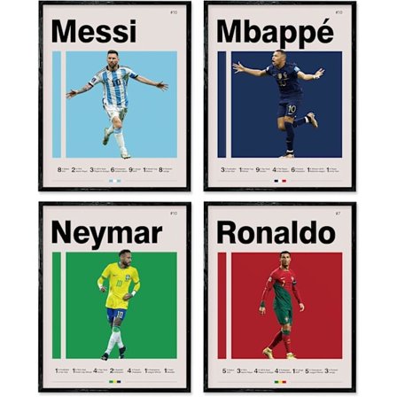 Fodboldplakater Lærredstryk Uindrammet Sæt Med 4 - Messi, Ronaldo, Mbape og Neymar kendte fodboldstjerner plakat Sportsindretning Vægkunst-FF-