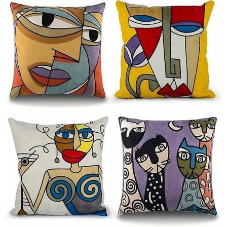 Picasso putetrekk - sett med 4 | 45 x 45 cm | Brodert bomullslin | Skandinavisk stil | Stue, soverom, kontor og lenestoldekorasjon