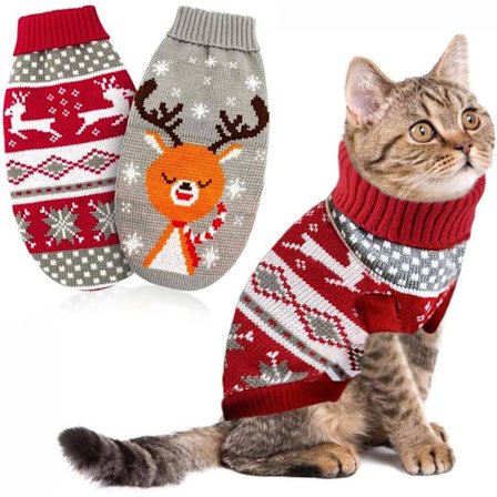 2-pak julesweatre til katte og hunde, snefnug rensdyrmønster, strikkede vinterkæledyrstøj, varm sweater til killinger og små hunde, rød XL