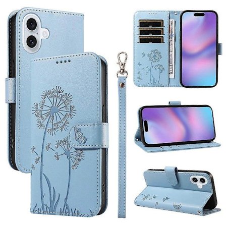 Kompatibel med iPhone 17 Læderpungcover med Rem Mælkebøtte Print Telefonstativ Beskyttelse Azur