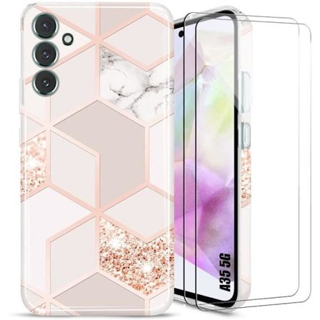 Skyddshölje - BOOLING - för Samsung Galaxy A35 5G - Silikon - Marmor Mönster i Rosa - 2 Härdat Glas