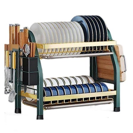 Kjøkkenbenk Bolle Stativ Dobbeltlags Servise Oppbevaringsstativ Multifunksjonelt Integrert Bolle Stativ, Grønn & Gull