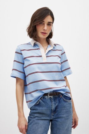 NA-KD Short Sleeve Polo Shirt - T-shirts og Toppe - Blå/Stribet - XS