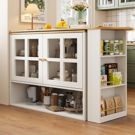 360° Roterande Matbordsbar med Snackshylla, 5 Hyllor & Glas, Multifunktionellt Skåp, Vit