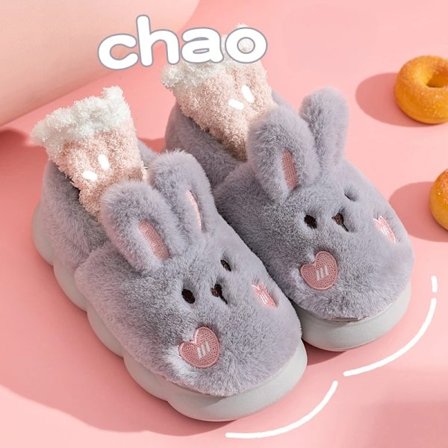 Rabbit Slippers Home Kawaii Skor Dam Kanin Fluffiga Tofflor Vinter Inomhussandaler Korta Stövlar Grå
