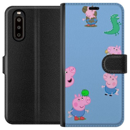 Yhteensopiva Lompakkokotelo Sony Xperia 10 II Peppa Pig kasvomalli vaaleansinisellä pohjalla, toistuva leikkisä lasten motiivi Greeta Possulla