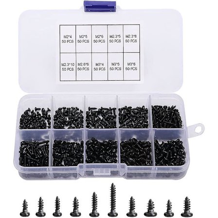 500 stk. krydshoved selvborende skruer, sorte selvskærende skruer, mikro panhovedskruer med plastikæske, til plasttræmetal blødt M2 M2.3 M2.