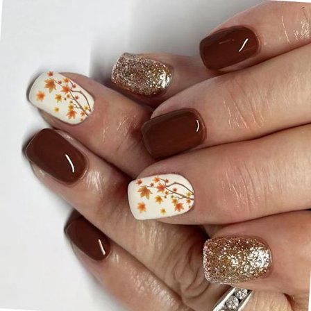 24 st Höstglittrande Press On Naglar Kort Fyrkantig Lönnlöv Konst Inga Verktyg