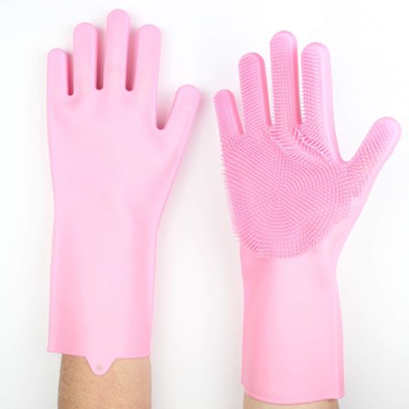 Rosa silikon oppvaskhansker - Husholdningshansker med rengjøringsbørste - Kjøkkenredskap - Gjenbrukbare og miljøvennlige