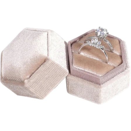 1 st Sammet Ringask, Dubbla Fack Hexagon Ringask, Sammet Förlovningsringask, för Frieri, Förlovning