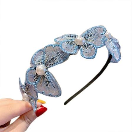 Håndlaget Butterfly Pearl Pannebånd For Dame Broderi Hode Wrap Hårbånd Blå Blue