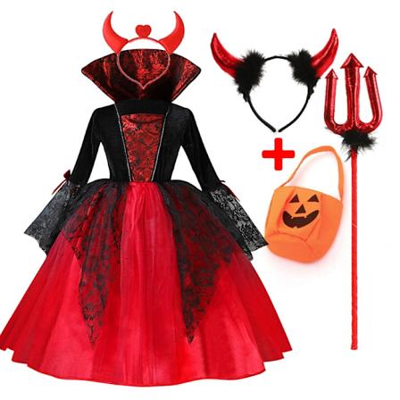 2024 Pige Cosplay Vampyr Halloween Kjole Til Børn Spøgelsesbrud Gotisk Kostume Greve Vampyr Karneval Outfit Sort Røde Tøj 5PCS Ghost Bride E1 5PCS 