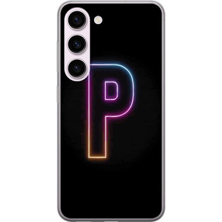 Kompatibel Mobilcover til Samsung Samsung Galaxy S23 Minimalistisk neonbogstav P i farvegradient og lyseffekt mod sort baggrund i digital neonstil