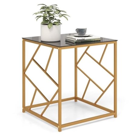 COSTWAY Lille firkantet sofabord 50 x 50 x 55 cm med hærdet glasplade, guld geometrisk stel, moderne til stue, soveværelse