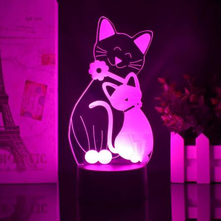 Anime Kat Figur 7/16 Farve Fjernbetjening Touch Switch Natlys 3D Illusion Lampe til Soveværelse Dekoration USB Lys Atmosfære Sengelampe (Sort Base)