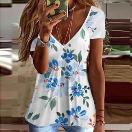 Print T-shirt Med Blommönster För Kvinnor